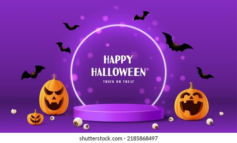 Happy Halloween festive banner. Purple festive banner with 3d spooky pumpkins, podium, neon circle, candy eyes and paper bats. Vector illustration. Happy Halloween holiday banner.