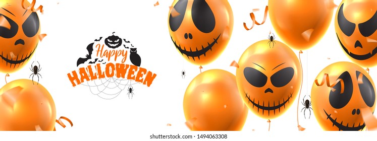 Happy Halloween festive banner. Vector illustration realistic orange air balloons with scary smiles. Halloween holiday background with spiders and confetti.