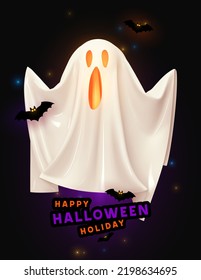 Happy Halloween Festive bright design. Halloween white ghost with scared scary face, on dark background among bats realistic 3d cartoon style. Holiday Hallows' Eve or Saints' Eve. Vector illustration