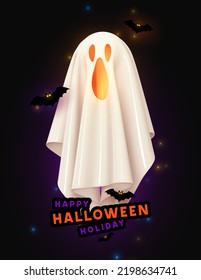 Happy Halloween Festive bright design. Halloween white ghost with scared scary face, on dark background among bats realistic 3d cartoon style. Holiday Hallows' Eve or Saints' Eve. Vector illustration