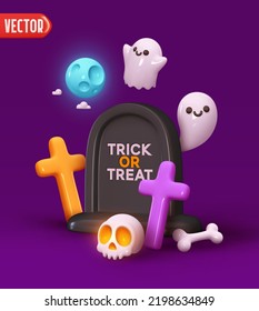 Happy Halloween Festive bright design. Halloween white ghost cute smile face, tombstones with cross and skull bones realistic 3d cartoon style. Holiday Hallows' Eve or Saints' Eve. vector illustration