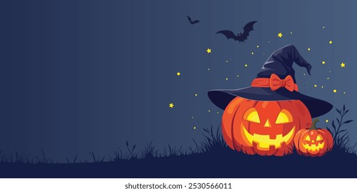 Happy Halloween festive dark banner with pumpkins, Witch Hat and bats. Vector illustration. Halloween holiday pumpkin lantern