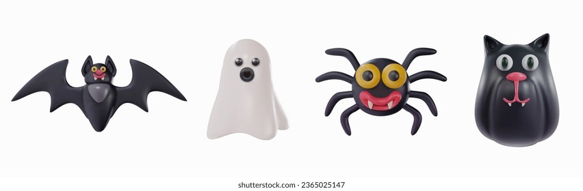 Happy halloween festive decoration in realistic cartoon style. Bat, spider, black cat head, white ghost. Creative funny characters. Collection bright elements. Set cute 3d vector illustration.