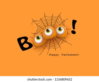 Happy Halloween Festive design Boo with 3d funny eyes, spiderweb and text on the orange background Word Boo spooky text Vector illustration