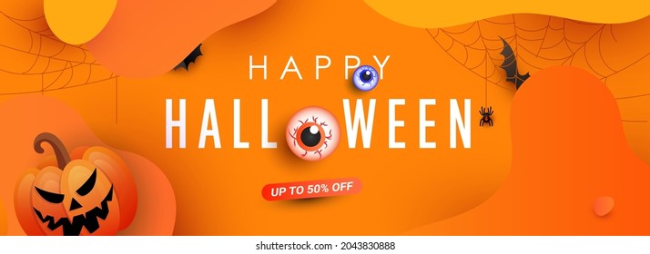 Happy halloween festive discount banner with scary pumpkin face, spider web and spider decorations on gradient orange background. Horizontal vector illustration