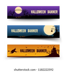 Happy Halloween festive horizontal banners with scary traditional elements in cartoon style vector illustration