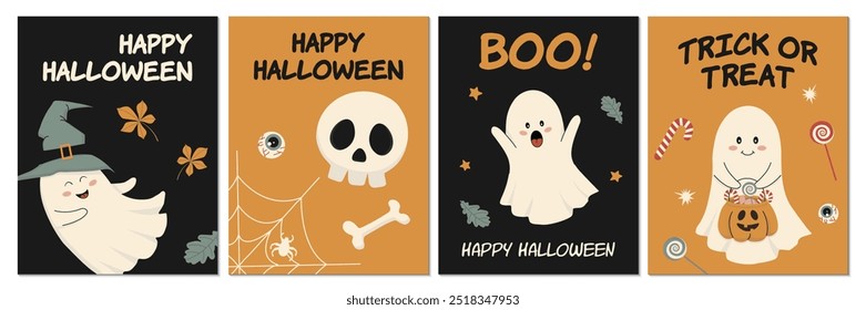 Feliz Halloween postales festivas con lindos fantasmas, cráneo, Web de araña, calabaza, caramelo y hojas caídas. Ilustraciones vectoriales para carteles, volantes y redes sociales.