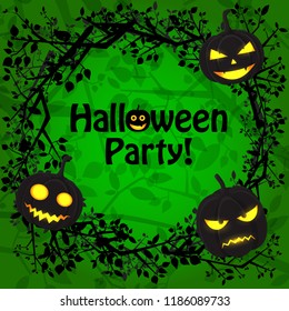 Happy Halloween festive poster with evil pumpkins and wreath of tree branches on green background vector illustration