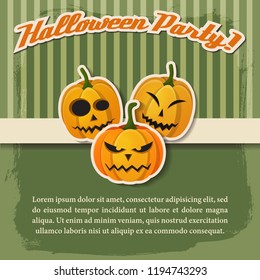 Happy Halloween festive poster with paper inscription and pumpkins with different expressions on green striped background vector illustration