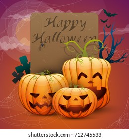 happy halloween, festive pumpkins, cobwebs, bats. ready-made card for design