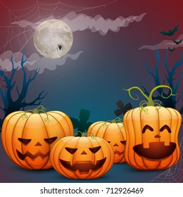 happy halloween, festive pumpkins, cobwebs, bats. ready-made card for design