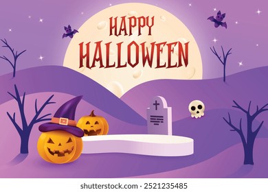 Happy Halloween Festive Sale With Podium On Purple Background. 3D Realistic Spooky Theme Vector Illustration.