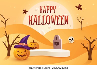 Happy Halloween Festive Sale With Podium On Yellow Background. 3D Realistic Spooky Theme Vector Illustration.