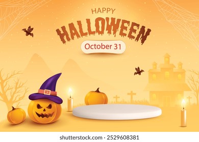 Happy Halloween Festive Sale With Podium On Yellow Background. 3D Realistic Pumpkins Horror Theme Vector Illustration.