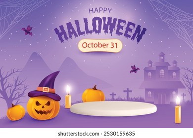 Happy Halloween Festive Sale With Podium On Purple Background. 3D Realistic Pumpkins Horror Theme Vector Illustration.