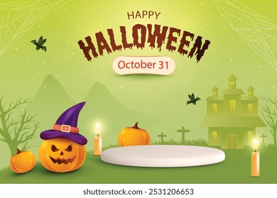 Happy Halloween Festive Sale With Podium On Green Background. 3D Realistic Pumpkins Horror Theme Vector Illustration.