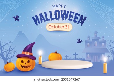 Happy Halloween Festive Sale With Podium On Blue Background. 3D Realistic Pumpkins Horror Theme Vector Illustration.