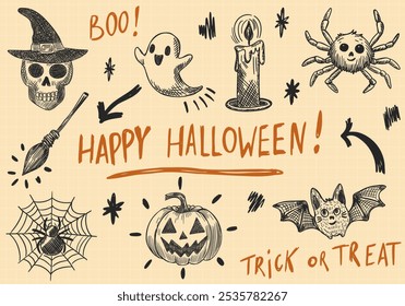 Feliz Halloween Conjunto festivo Dibujado a mano Elementos de boceto con el cráneo de escoba de bruja con sombrero de bruja Web de araña fantasma Jack-O'-Lantern Cara tallada Murciélagos de calabaza Negro Blanco Línea Art Dooodles