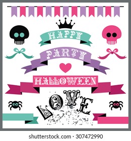 Happy Halloween. Festive set with ribbons, skulls, spiders, blots and bows for your design.
