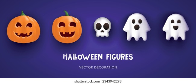 Happy Halloween figures. Cute 3d realistic pumpkins, skull and ghosts. Vector illustration for website, social media, background, banner, templete, advertising, brochure, flyer, poster, decoration.