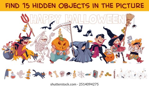 Fröhliches Halloween. Finden Sie 15 versteckte Objekte im Bild. Puzzle versteckte Gegenstände. Lustige Comic-Figur. Farbige Vektorgrafik. Einzeln auf weißem Hintergrund. Pädagogisches Spiel für Kinder