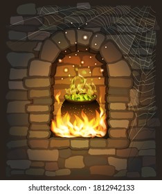 Happy Halloween fireplace with magic cauldron, vector illustration