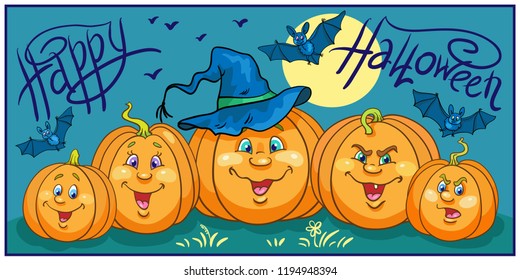 Happy Halloween. Five pumpkins in a meadow at night. Halloween card in cartoon style.