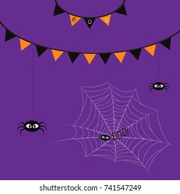 Happy Halloween. Flag garland. Hanging spiders dash line on flags. Funny Cute cartoon baby character. Flat design. Violet background. Vector