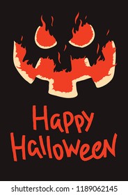 Happy Halloween flaming pumpkin face. Custom lettering hand drawn font. Terrifying eyes and smile from the darkness.