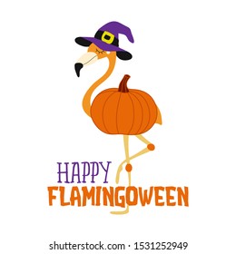 Happy Halloween - with flamingo in pumpkin costume - funny vector quotes. Lettering poster or t-shirt textile graphic design. / Cute flamingo character illustration on isolated background.