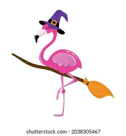 Happy Halloween - with flamingo witch with broomstick - funny vector label. Lettering poster or t-shirt textile graphic design. Cute flamingo character illustration on isolated background.