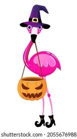 Happy Halloween - with flamingo witch with candy bucket lantern - funny vector label. Lettering poster or t-shirt textile graphic design. Cute flamingo character illustration on isolated background.