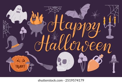 Happy Halloween flat banner with hand drawn related elements and calligraphy text. Spooky design for Halloween on black background. Template for background, banner, card, poster