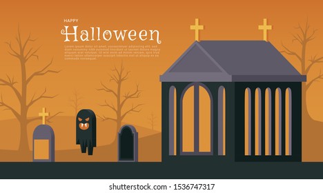 Happy halloween flat banner vector template. Traditional autumn holiday congratulation, greeting card layout. Haunted cemetery with tombstones and spooky ghost illustration with text space