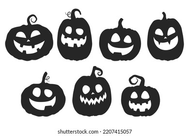 Happy Halloween flat black elements with funny pumpkin cut silhouettes isolated on a white background. Halloween grinning pumpkins. Vector illustration