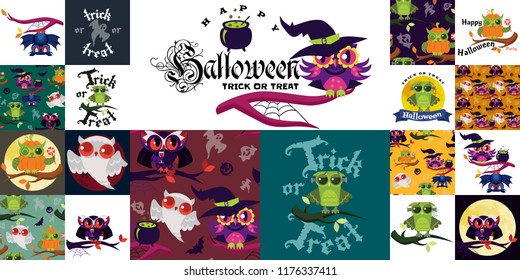 Happy Halloween flat colorful set vector illustration. Collection of mystery owls dressed in costumes of witch dracula pumpkin. All Hallows Eve Trick or treat concept. Isolated on white.