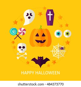 Happy Halloween Flat Concept. Flat Poster Design Vector Illustration. Collection of Trick or Treat Objects.