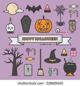 Happy halloween flat design line icons set vector illustration