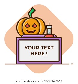 Happy Halloween flat icon or doodle cartoon Vector illustration. Cute pumpkin and candle on purple board. Flat cartoon style suitable for a sticker, wallpaper, etc.