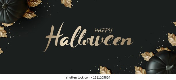 Happy Halloween flat lay black pumpkin style on black background. Vector illustration.