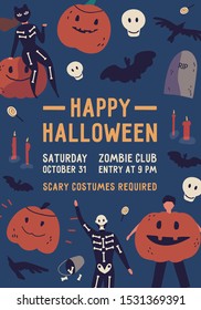 Happy halloween flat poster vector template. Holiday party, entertainment event invitation card. Zombie club advertising flyer, banner layout. People in scary costumes illustration with typography.