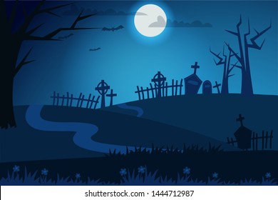 Happy halloween flat vector banner concept. Haunted cemetery at night. Full moon, creepy atmosphere. Autumn holiday greeting card. Scary graveyard in moonlight illustration
