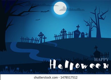 Happy halloween flat vector banner concept. Haunted cemetery at night. Full moon, creepy atmosphere. Autumn holiday greeting card. Scary graveyard in moonlight illustration with typography