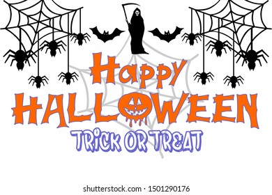 Happy halloween. Flat halloween vector illustration with web and spider. Trick or treat