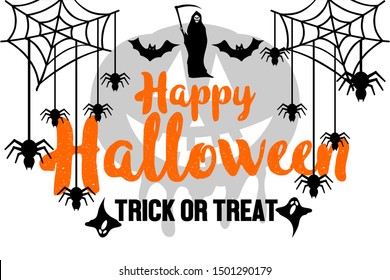 Happy halloween. Flat halloween vector illustration with web and spider. Trick or treat
