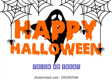 Happy halloween. Flat halloween vector illustration with spider web and ghost. Trick or treat