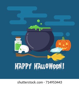 Happy Halloween flat vector illustration.   Cauldron with green potion, scull, witch broom, poison bottle, pumpkin, crystal.