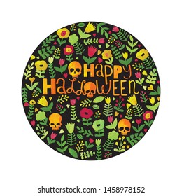 Happy Halloween floral card, bright autumn- summer doodle template on white background