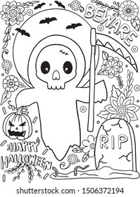 Happy Halloween with flower,skeleton, bat and pumpkins elements. Grim reaper Hand drawn lines. Doodles art for greeting cards, invitation or poster. Coloring book for adult and kids. 