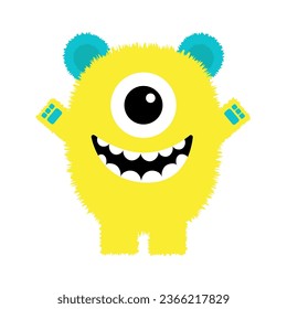 Happy Halloween. Fluffy monster standing. Funny face head. Eyes, fang teeth. Cute kawaii cartoon colorful scary character. Yellow monsters. Baby collection. Flat design. White background. Vector